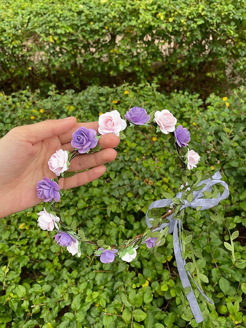 SYGA 12 Artificial Foam Fabric Flower Crown Tiara Headband Head Garland Floral Hair Festival for Princess, Girls - Pink & Purple - Image 3