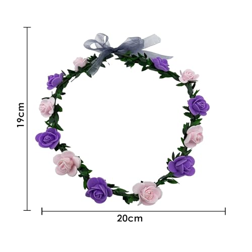 SYGA 12 Artificial Foam Fabric Flower Crown Tiara Headband Head Garland Floral Hair Festival for Princess, Girls - Pink & Purple - Image 5