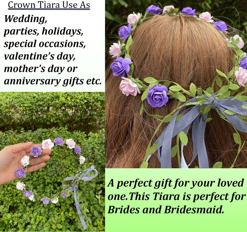 SYGA 12 Artificial Foam Fabric Flower Crown Tiara Headband Head Garland Floral Hair Festival for Princess, Girls - Pink & Purple - Image 4