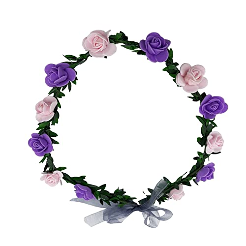 SYGA 12 Artificial Foam Fabric Flower Crown Tiara Headband Head Garland Floral Hair Festival for Princess, Girls - Pink & Purple - Image 1