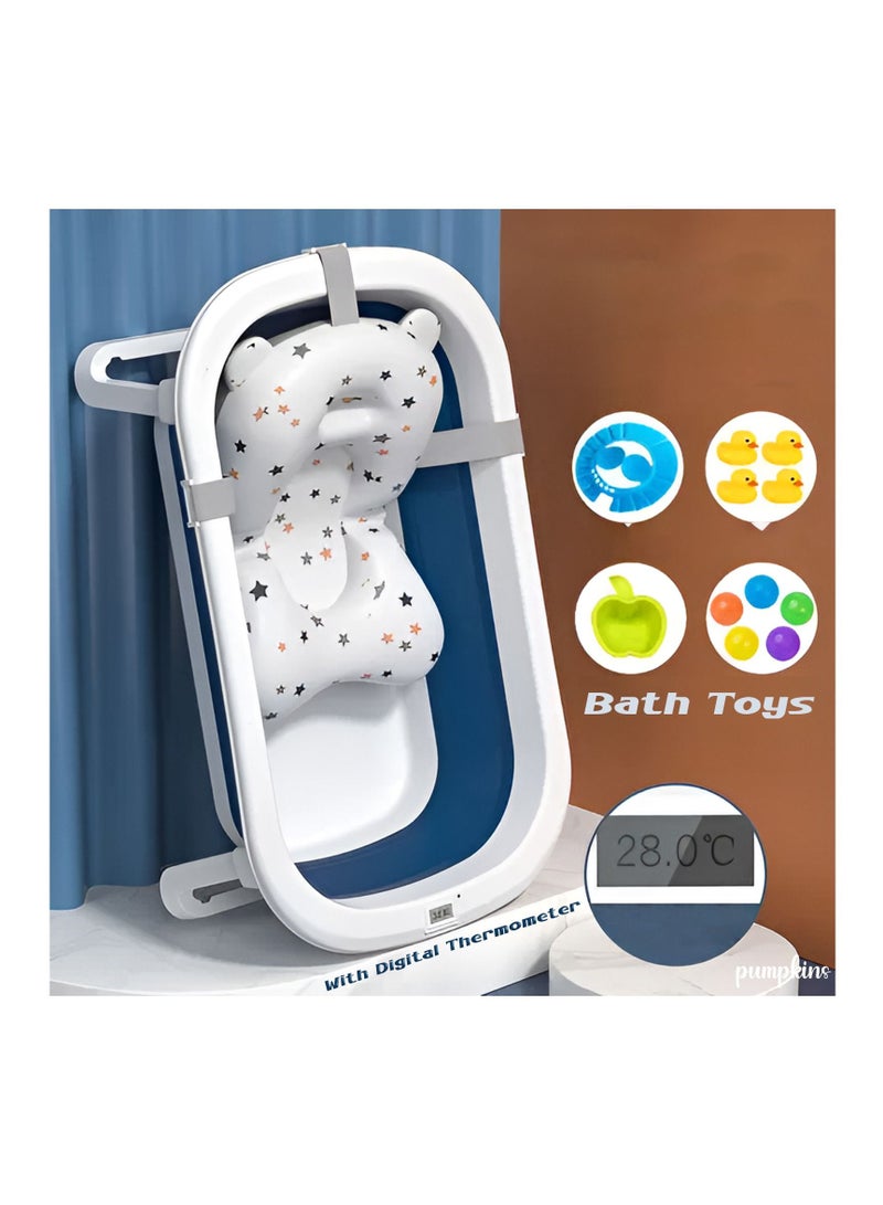 Baby Bathtub Portable with Baby Cushion, Collapsible Toddler Bathtub with Bath toys and shower cap with Digital Thermometer Blue  - Image 4
