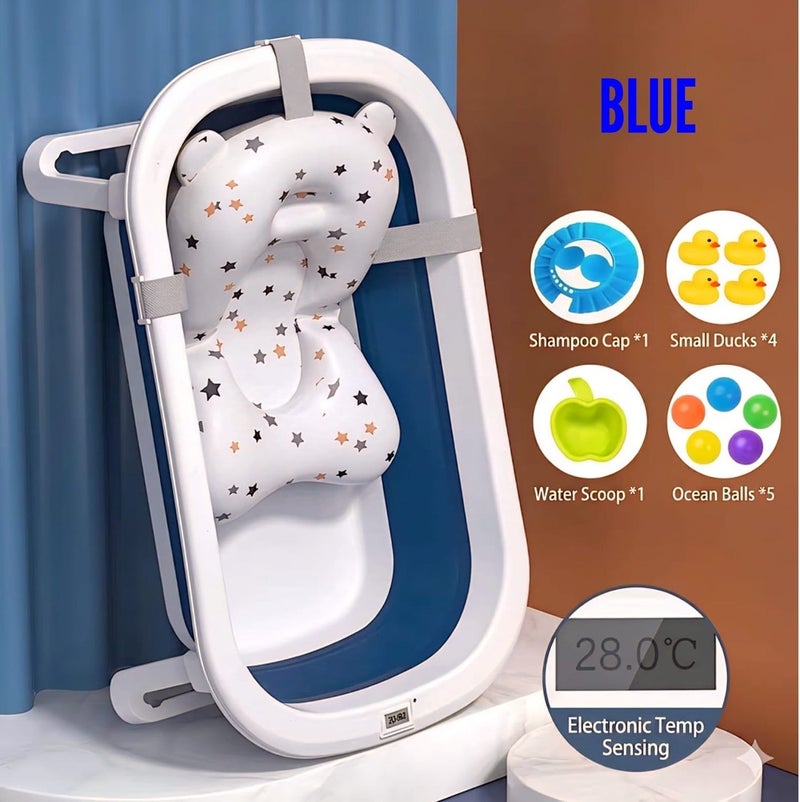 My Pumpkin Baby Bathtub Portable with Baby Cushion, Collapsible Toddler Bathtub with Bath toys and shower cap with Digital Thermometer Blue - Image 1