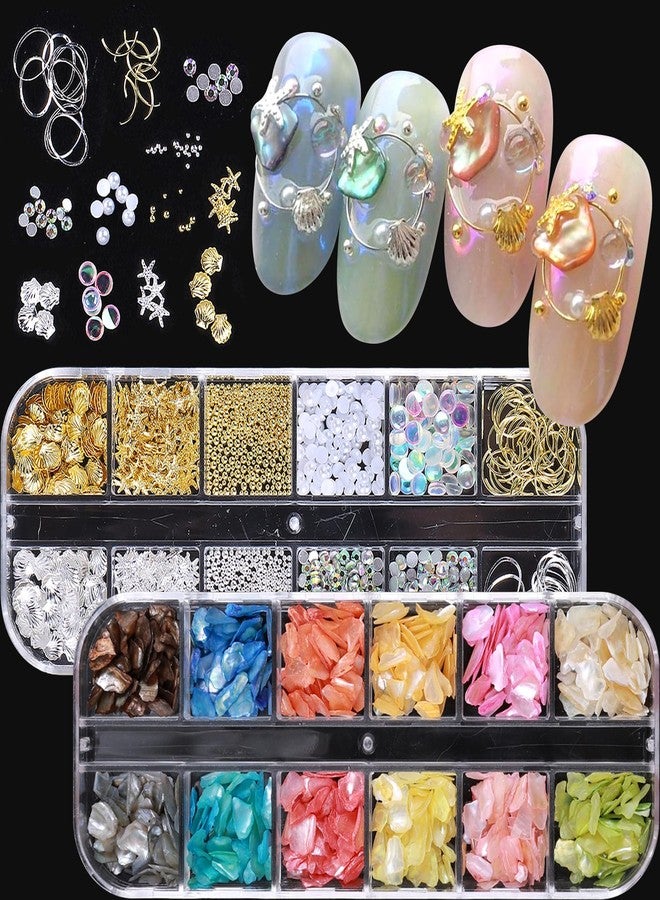 SWEET TREND Summer Abalone Shell Nail Charms - 2 Boxes Holographic Irregular Pearl Shell Nail Flake Seashell Starfish Ocean Beach Alloy Nail Art Decoration Set DIY Creative Summer Manicure Salon Accessories - Image 1