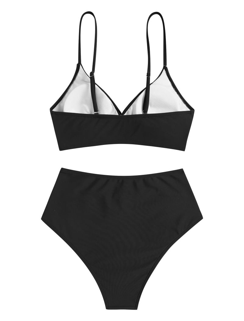 ZAFUL Women High Waisted Bathing Suit 2 Piece Black Bikini Sets High Cut Push Up Swimsuit Two Piece Tummy Control Vintage Retro Underwire Modest Swimwear Black L - Image 5