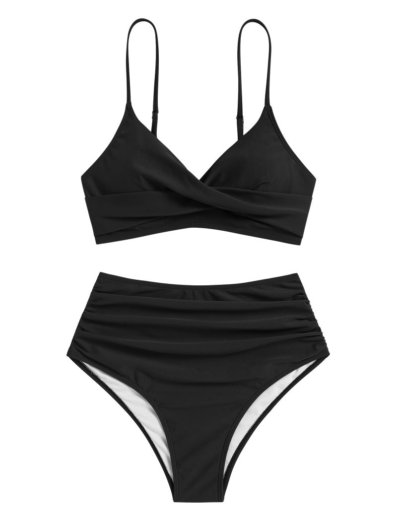 ZAFUL Women High Waisted Bathing Suit 2 Piece Black Bikini Sets High Cut Push Up Swimsuit Two Piece Tummy Control Vintage Retro Underwire Modest Swimwear Black L - Image 4