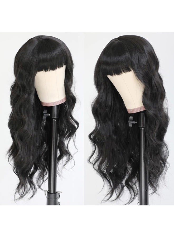 QD-Tizer Natural Black Wigs with Full Bangs Long Body Wavy Hair Wig Heat Resistant Synthetic None Lace Wigs for Women 24 inch - Image 3