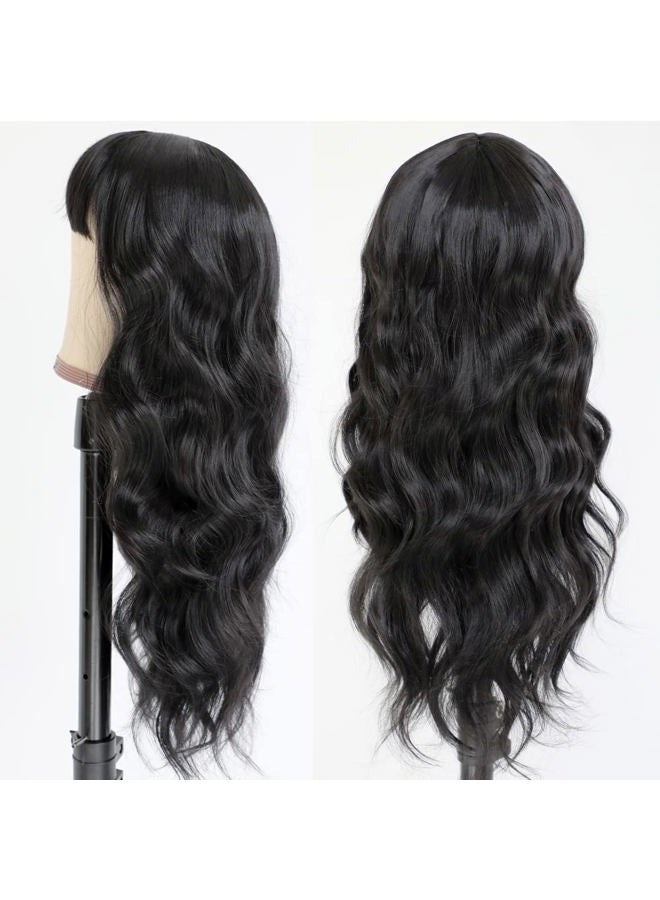 QD-Tizer Natural Black Wigs with Full Bangs Long Body Wavy Hair Wig Heat Resistant Synthetic None Lace Wigs for Women 24 inch - Image 4