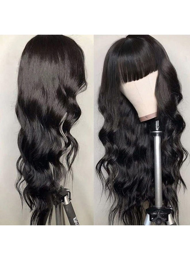 QD-Tizer Natural Black Wigs with Full Bangs Long Body Wavy Hair Wig Heat Resistant Synthetic None Lace Wigs for Women 24 inch - Image 2