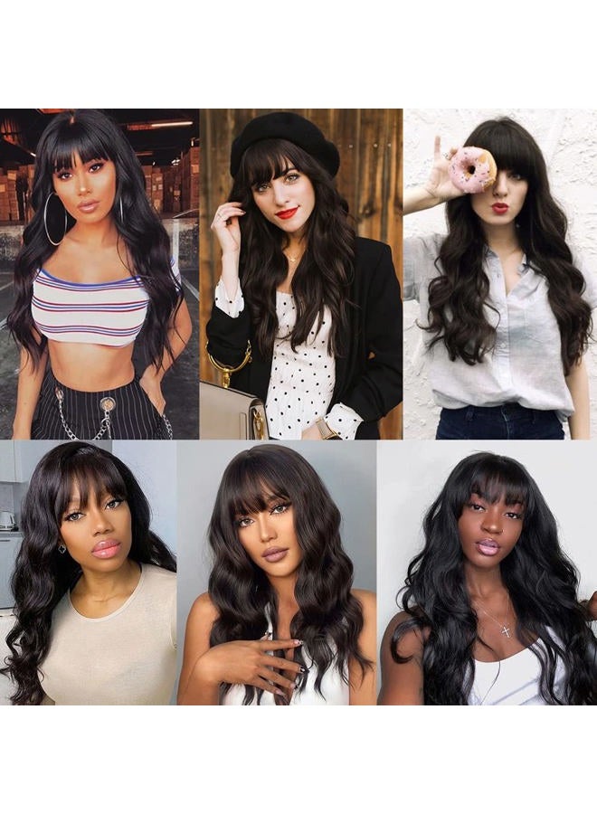 QD-Tizer Natural Black Wigs with Full Bangs Long Body Wavy Hair Wig Heat Resistant Synthetic None Lace Wigs for Women 24 inch - Image 5