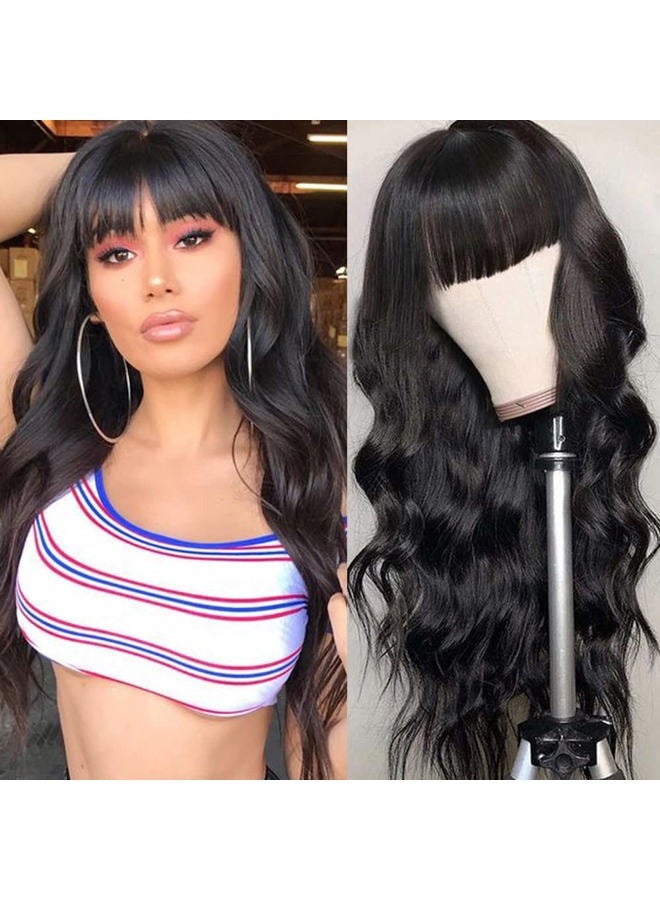 QD-Tizer Natural Black Wigs with Full Bangs Long Body Wavy Hair Wig Heat Resistant Synthetic None Lace Wigs for Women 24 inch - Image 1