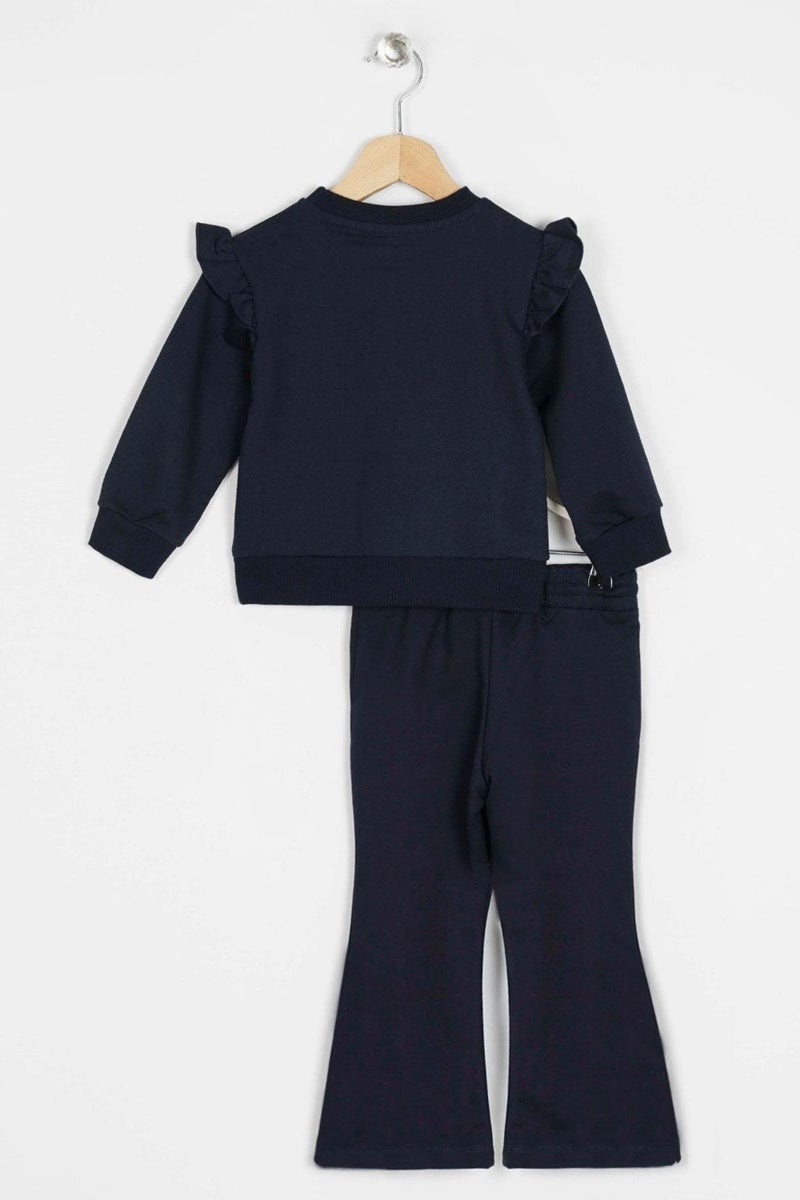 Zepkids Crew Neck Long Sleeve Flower Embroidery Printed Navy Blue Color Girl's Two Piece Set  - Image 2
