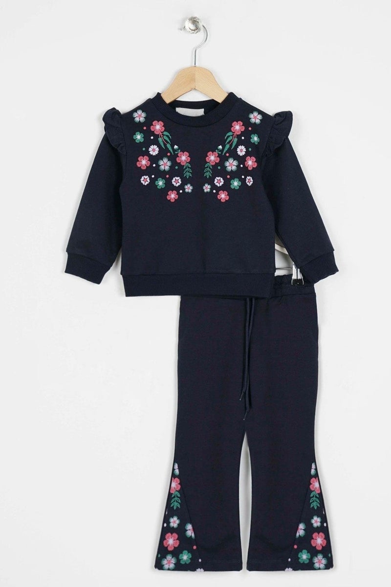 Zepkids Crew Neck Long Sleeve Flower Embroidery Printed Navy Blue Color Girl's Two Piece Set  - Image 1