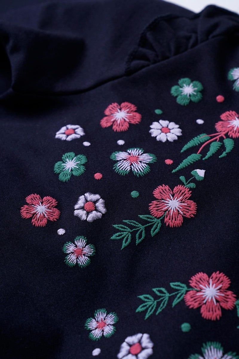 Zepkids Crew Neck Long Sleeve Flower Embroidery Printed Navy Blue Color Girl's Two Piece Set  - Image 3