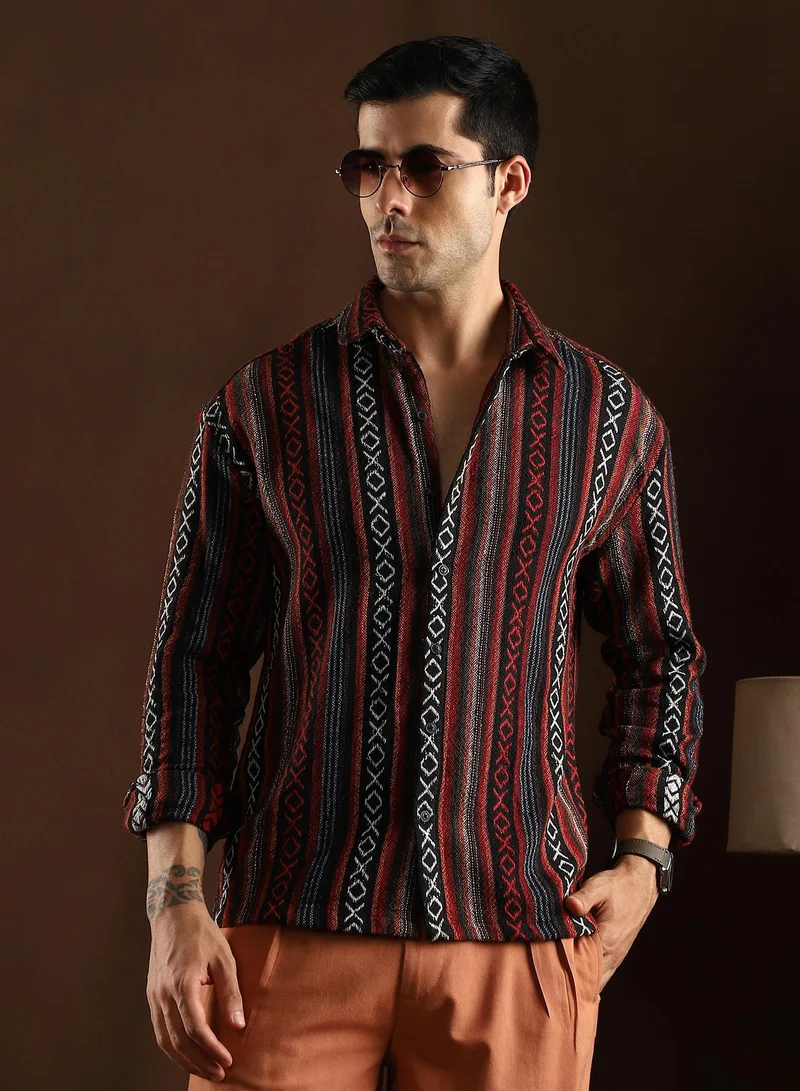 Men's Scarlet Red & Obsdian Black Folk-Weave Shirt