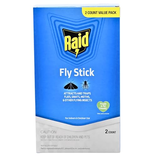 RAID عصا مكافحة الذباب من Raid لفخ الحشرات الطائرة للاستخدام الداخلي/الخارجي، عبوتان، أكثر من 150 حشرة لكل عصا، فخ لاصق للذباب، البعوض والعث، يدوم حتى 3 أشهر، مناسب للناس والحيوانات الأليفة، يمكن تعليقه أو وضعه - Image 1
