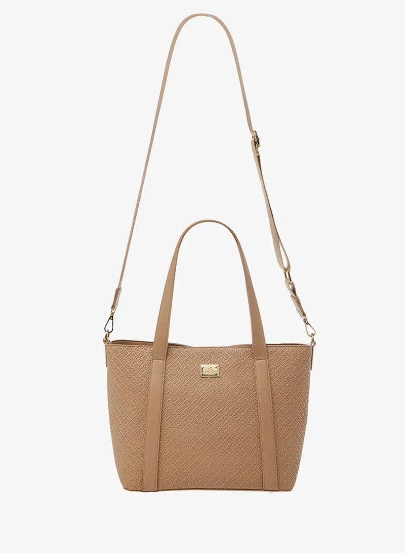 Flora Bella By Shoexpress beige Women's Monogram Embossed Tote Bag with Detachable Strap for Women | Best Price UAE