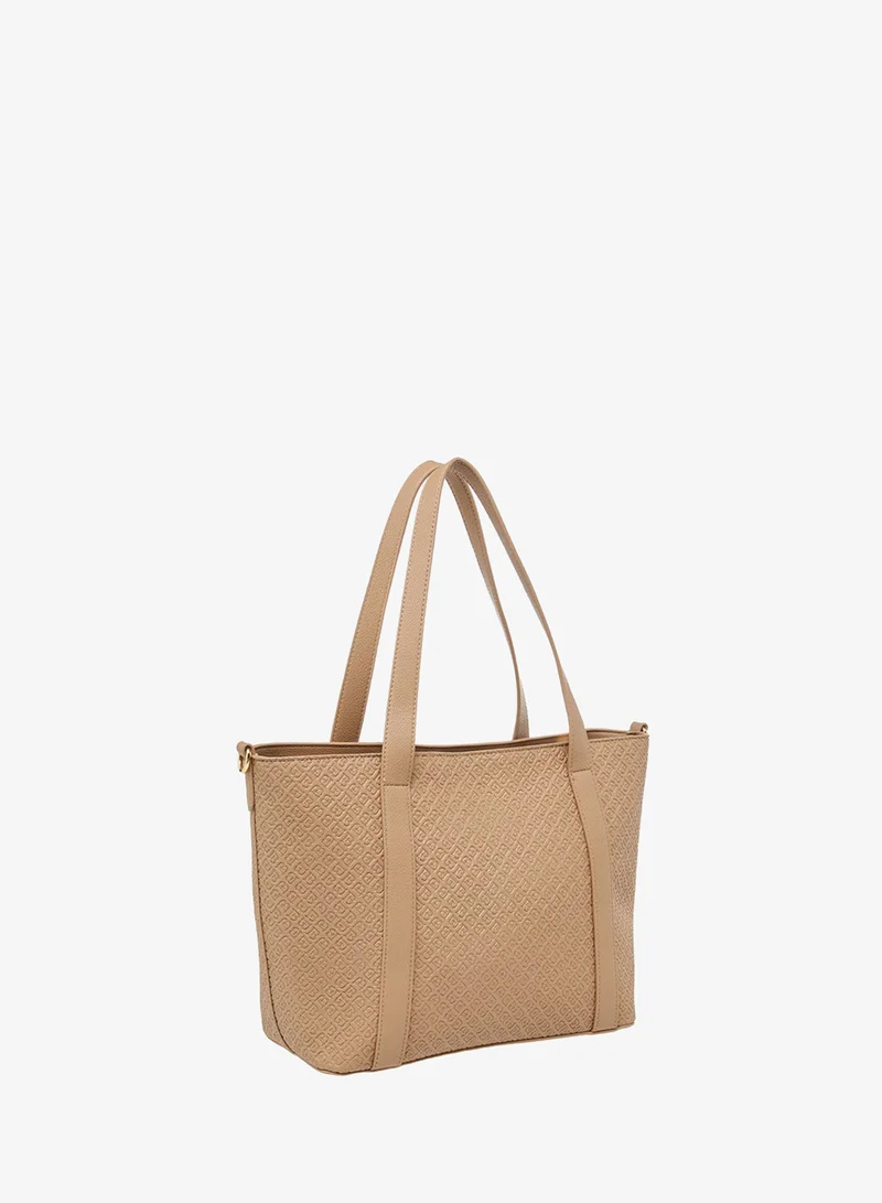 Flora Bella By Shoexpress beige Women's Monogram Embossed Tote Bag with Detachable Strap for Women | Best Price UAE