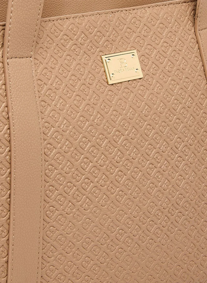 Flora Bella By Shoexpress beige Women's Monogram Embossed Tote Bag with Detachable Strap for Women | Best Price UAE