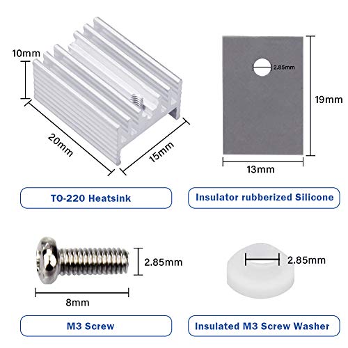 WayinTop 10 Packs TO-220 Aluminum Heatsink & Insulator/Mounting Kits for TO-220 MOSFET Transistor, TO-220 Heatsink + M3 Screw + Screw Washer + Insulator Rubberized Silicone (20mmx15mmx10mm) - Image 2