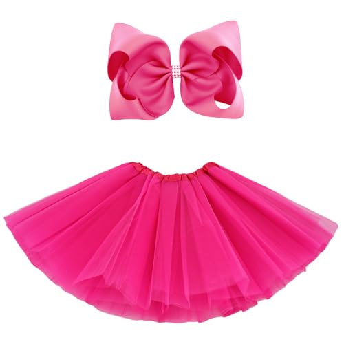 BGFKS 5 Layered Tulle Tutu Skirt for Girls with Hairbow, Ballet Dressing Up Kid Tutu Skirt Hot Pink - Image 1