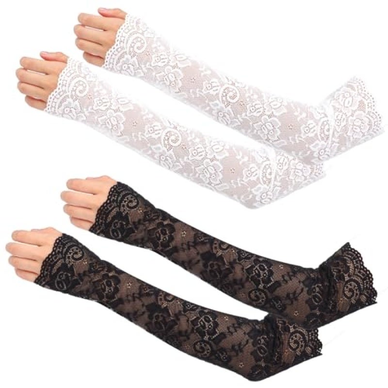 Women's Lace Arm Sleeves: Black+White, Hollow-out Fingerless Sleeves - Boho Chic Fashion Arm Sleeves for Women - Image 1