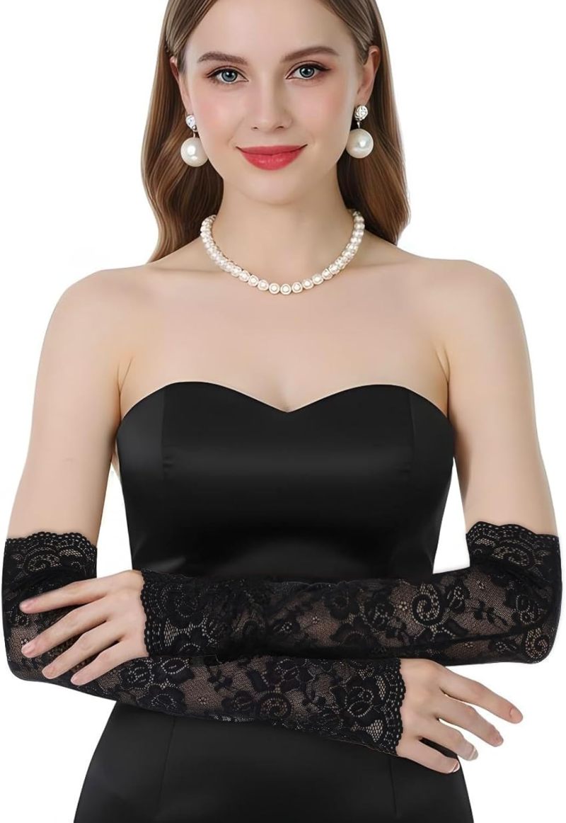 Women's Lace Arm Sleeves: Black+White, Hollow-out Fingerless Sleeves - Boho Chic Fashion Arm Sleeves for Women - Image 4