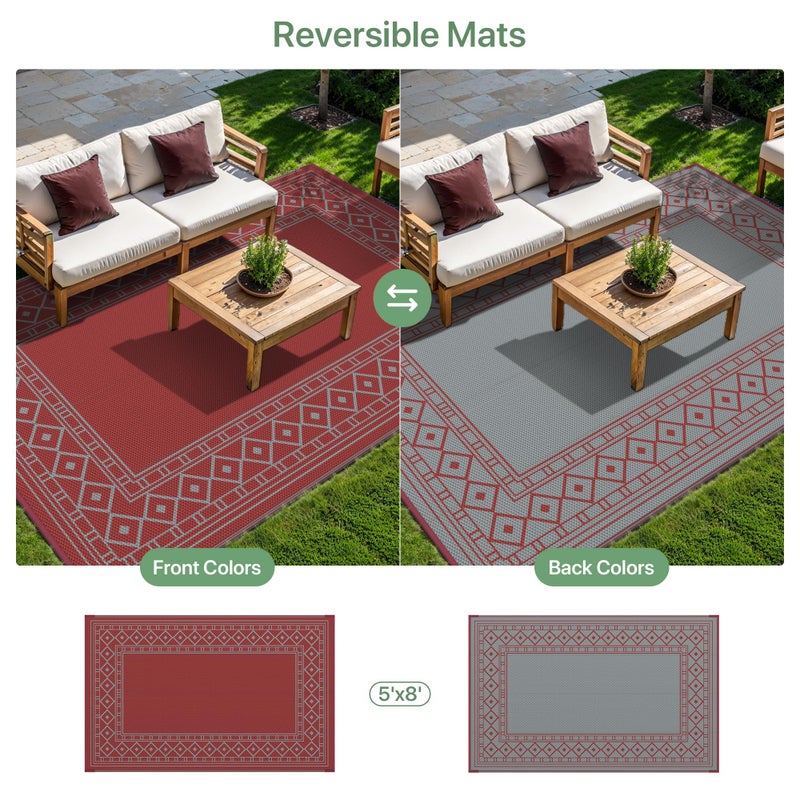 GENIMO Outdoor Rug Waterproof 5'x8' for Patio, Foldable Reversible Plastic Straw Carpet for Travel Trailers, Outside Area Mat for Rv, Deck, Picnic, Porch, Balcony, Beach, Red & Grey - Image 4