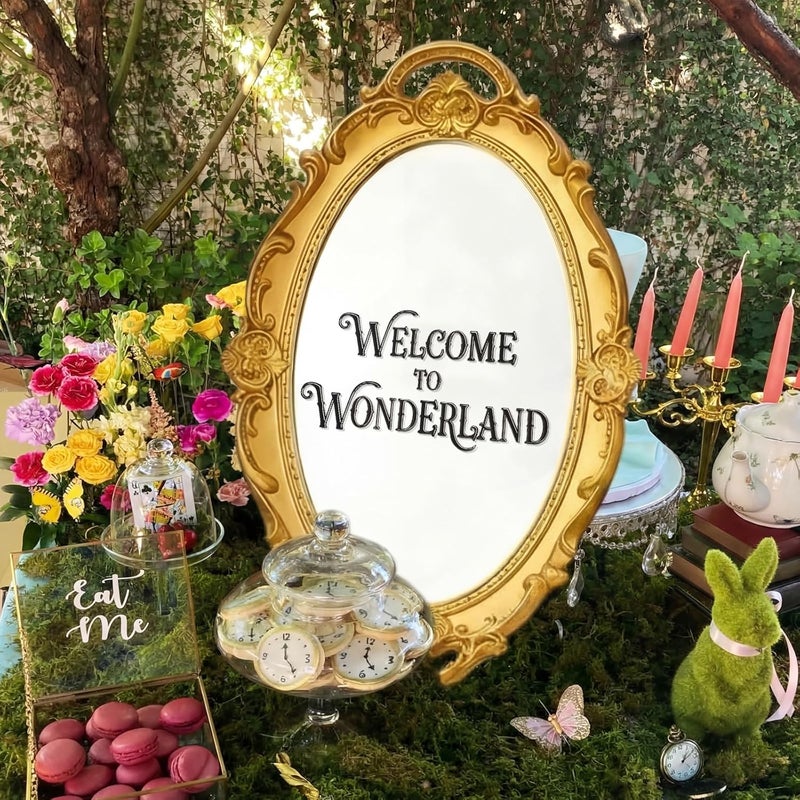 Threehoney 15 x 9.5 Inch Vintage Small Golden Mirror Welcome to Wonderland Transfer Sticker Oval Wall Decorative Mirror Hanging Gothic Antique for Wonderland Party Bedroom Living-Room Dresser Decor - Image 1