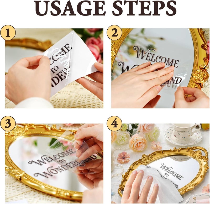 Threehoney 15 x 9.5 Inch Vintage Small Golden Mirror Welcome to Wonderland Transfer Sticker Oval Wall Decorative Mirror Hanging Gothic Antique for Wonderland Party Bedroom Living-Room Dresser Decor - Image 3