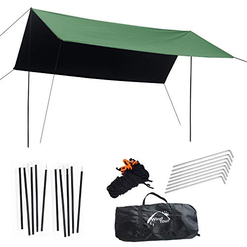 Wind Tour Portable Multifunctional Outdoor Camping Traveling Awning Backpacking Tarp Sunshade Lightweight UV Protection and PU 3000mm Waterproof Rain Fly Tarp Shelter (118 * 118 inches) - Image 1