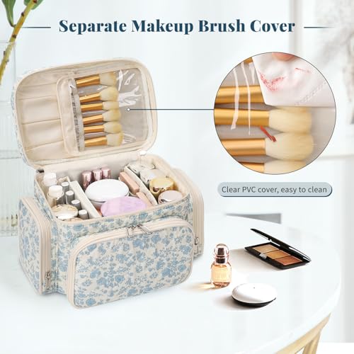 Bagmoly Large Cotton Makeup Bag, Quilted Floral Makeup Bag Organizer for Women Girls with Makeup Brush Compartment & Two Side Pockets, Cosmetic Travel Bag Vertical Storage- Blue Flower - Image 3