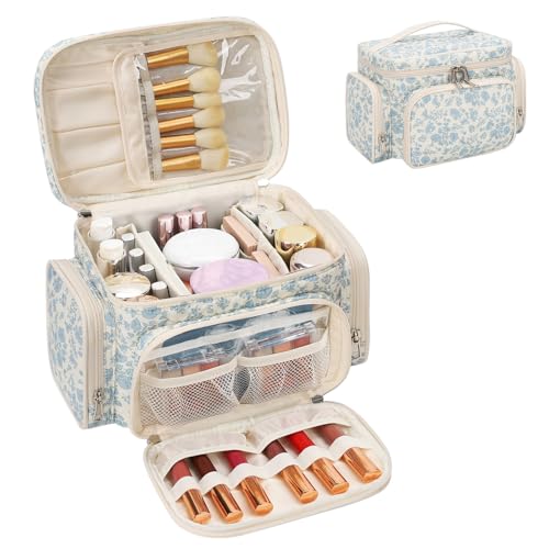 Bagmoly Large Cotton Makeup Bag, Quilted Floral Makeup Bag Organizer for Women Girls with Makeup Brush Compartment & Two Side Pockets, Cosmetic Travel Bag Vertical Storage- Blue Flower - Image 1
