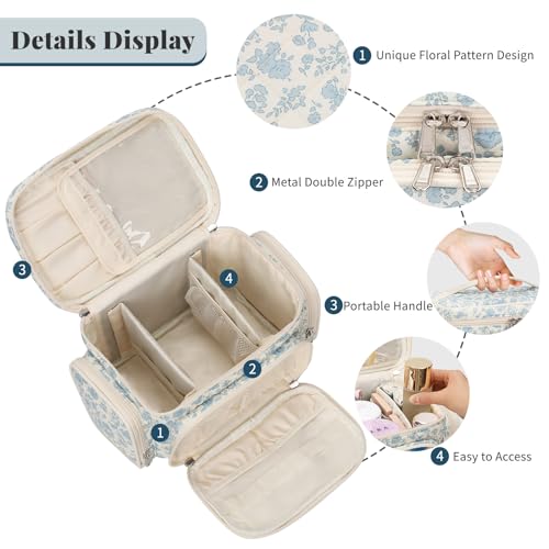 Bagmoly Large Cotton Makeup Bag, Quilted Floral Makeup Bag Organizer for Women Girls with Makeup Brush Compartment & Two Side Pockets, Cosmetic Travel Bag Vertical Storage- Blue Flower - Image 2