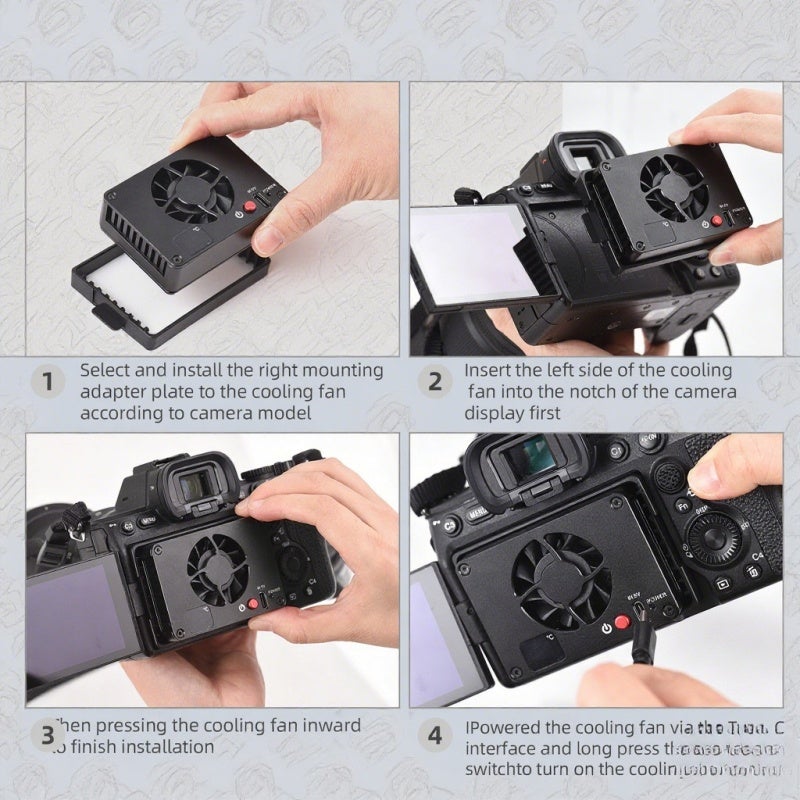 Camera External Cooling Fan: Black Aluminum Alloy, 4 Mounting Adapter Plates - Efficient Adjustable 12℃-30℃ Cooling System, 26dB Low Noise, USB-C Powered for Live Streaming Video Recording Compatible - Image 2