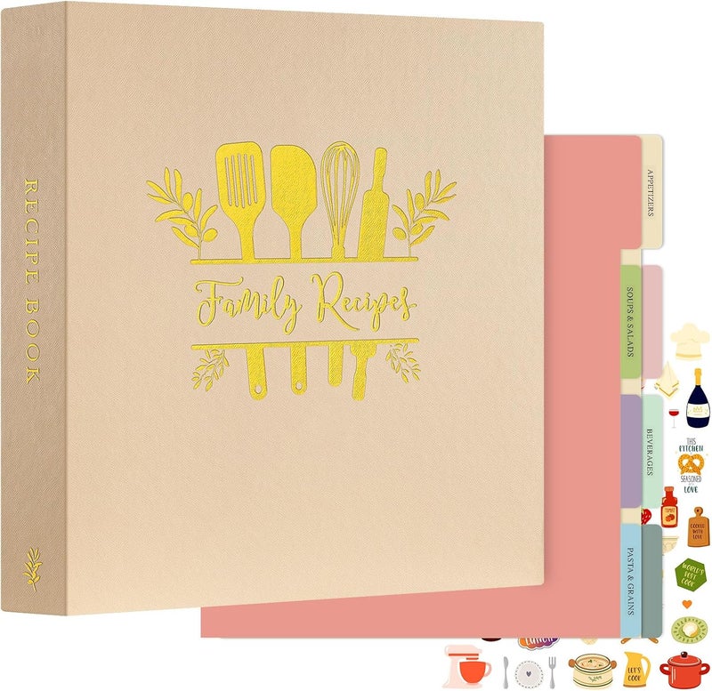 Lanpn Recipe Binder 8.5x11 3 Ring Kit, Waterproof Recipe Book to Write in Your Own Recipes, Blank Organizer Recipe Binder with 60 Plastic Sleeves,116 Recipes, Dividers,Labels & Stickers, Oat - Image 1