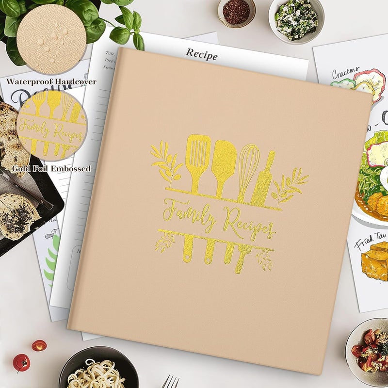Lanpn Recipe Binder 8.5x11 3 Ring Kit, Waterproof Recipe Book to Write in Your Own Recipes, Blank Organizer Recipe Binder with 60 Plastic Sleeves,116 Recipes, Dividers,Labels & Stickers, Oat - Image 2