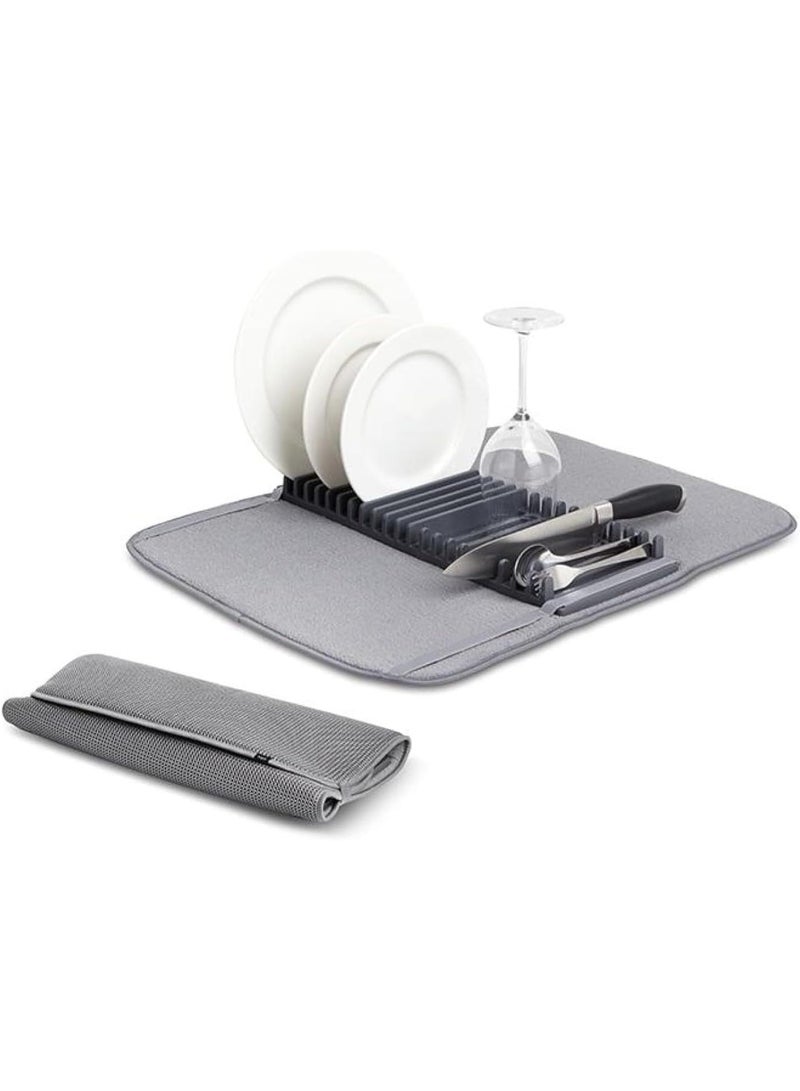 رف تجفيف اطباق قابل للطي 2 في 1 مع بساط من المايكروفايبر، منظم طاولة المطبخ، تصميم موفر للمساحة للاطباق والاكواب وادوات تناول الطعام - Image 1