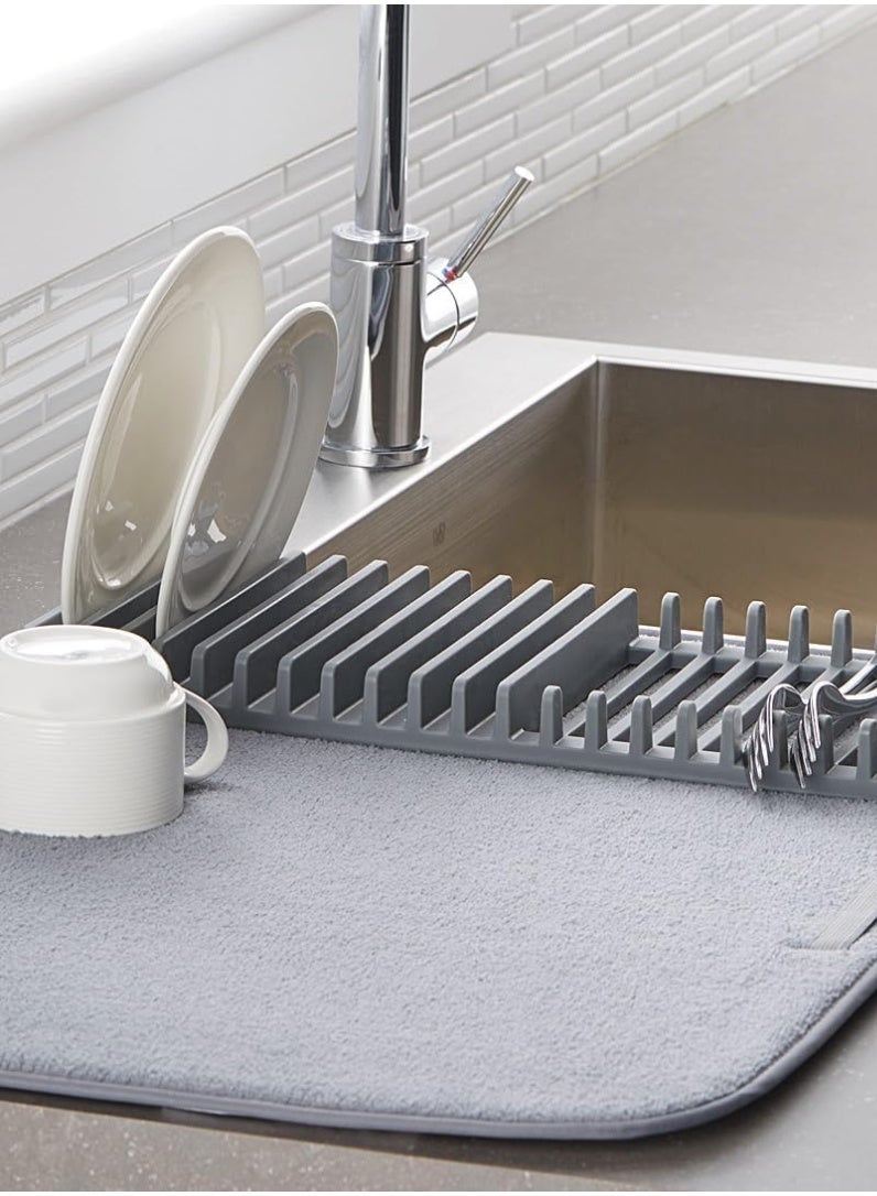رف تجفيف اطباق قابل للطي 2 في 1 مع بساط من المايكروفايبر، منظم طاولة المطبخ، تصميم موفر للمساحة للاطباق والاكواب وادوات تناول الطعام - Image 5