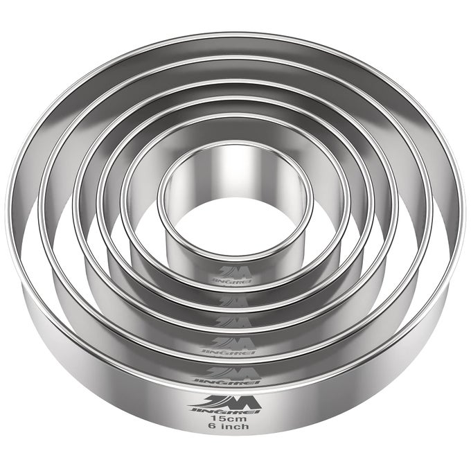 M JNGMEI 6 PIECES STAINLESS STEEL COOKIE BISCUIT CUTTER SET 2 335 45AND6 BISCUIT PLAIN EDGE ROUND CUTTERS LARGE SIZES SHAPE MOLDS RANGING FROM 26 INCHES MULTIPLE SIZES