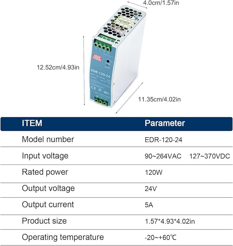 EDR 120 24 24V 5A 120W AC DC Slim DIN Rail Power Supply 87 5 High Efficiency UL508 Certified - Image 4