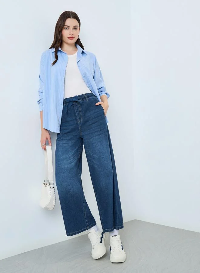 Mid Rise Elasticated Waistband Wide Leg Jeans