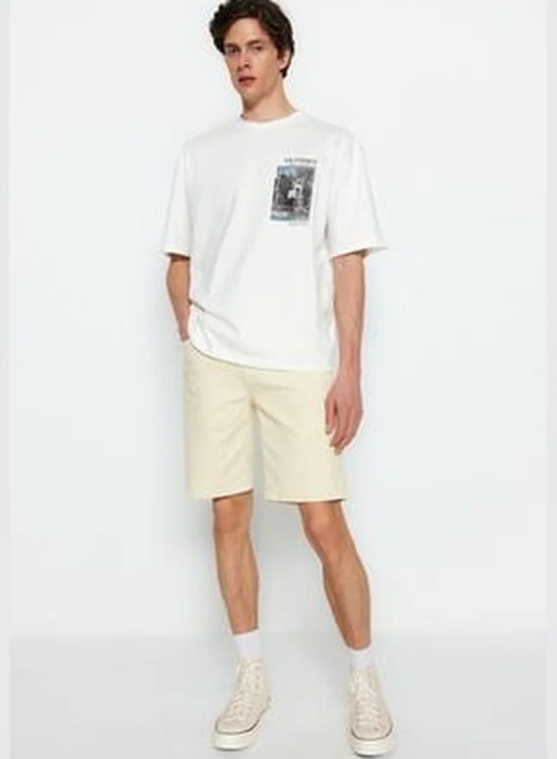 trendyol Ecru Men's Relaxed Fit Crew Neck Short Sleeve Basketball Theme T-Shirt