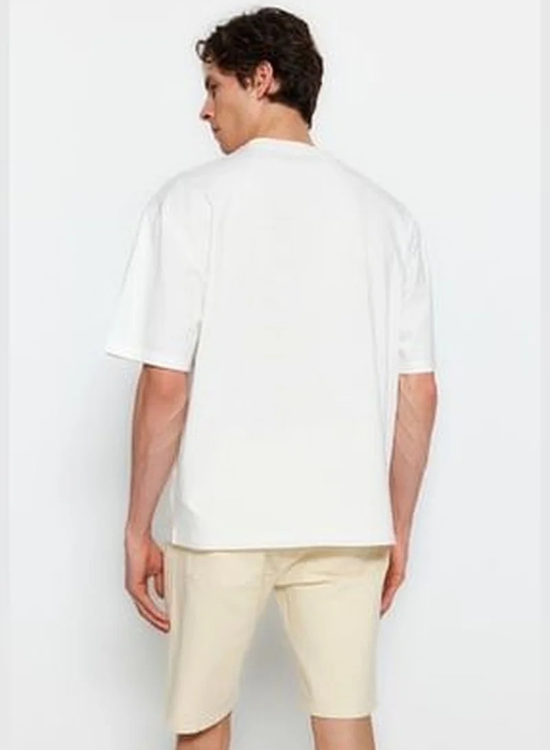 trendyol Ecru Men's Relaxed Fit Crew Neck Short Sleeve Basketball Theme T-Shirt