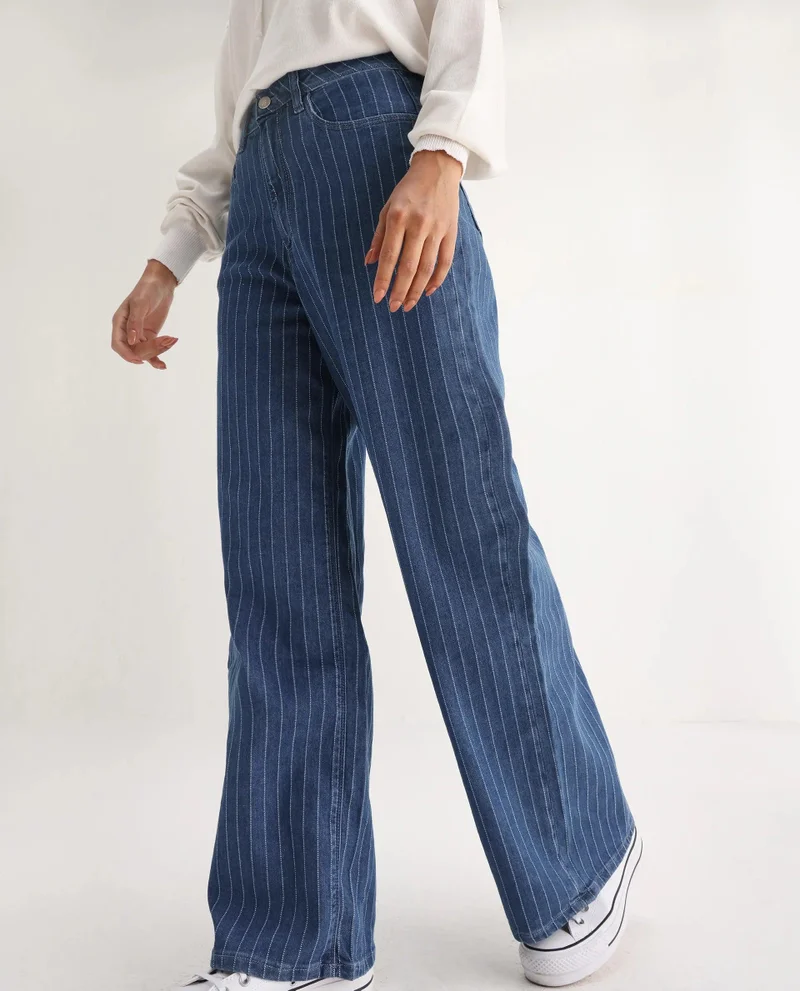 ريريزم Women's Striped Wide Leg Jeans