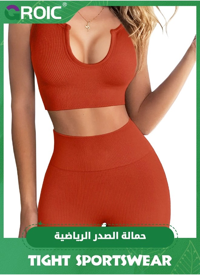 GROIC - 2 Pieces Outfits Seamless Workout Sets for Women Ribbed Sport Bra High Waist Running Shorts Gym 2 Piece Yoga Sets, Seamless Crop Tops Leggings Matching Two Piece Yoga Workout Outfits - Image 1