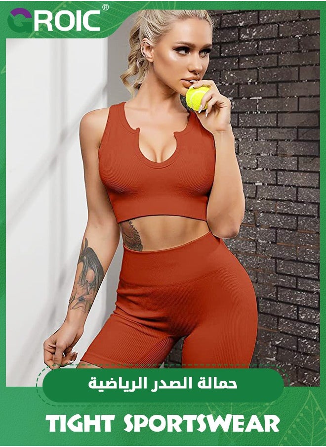 GROIC - 2 Pieces Outfits Seamless Workout Sets for Women Ribbed Sport Bra High Waist Running Shorts Gym 2 Piece Yoga Sets, Seamless Crop Tops Leggings Matching Two Piece Yoga Workout Outfits - Image 1