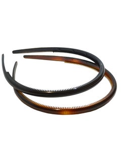 Parcelona Parcelona French Thin Set of 2 Tortoise Shell Brown and Black Comb Hair Headbands with Inner Teeth Nibs  - Image 1