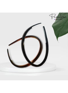 Parcelona Parcelona French Thin Set of 2 Tortoise Shell Brown and Black Comb Hair Headbands with Inner Teeth Nibs  - Image 4