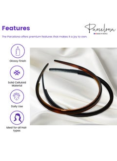 Parcelona Parcelona French Thin Set of 2 Tortoise Shell Brown and Black Comb Hair Headbands with Inner Teeth Nibs  - Image 2
