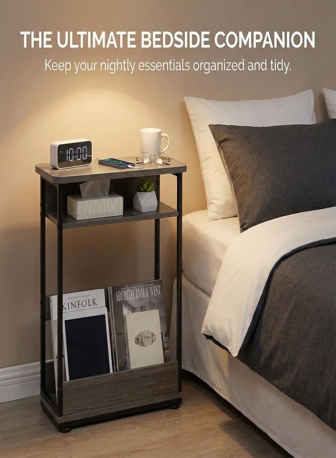 YEAKOO End Table for Narrow Space, 3 Tier Narrow Side Tables Modern Sofa Table with Storage Shelf, Bedside Table Slim Nightstand with Magazine Rack Living Room Home Office (Grey) - Image 4
